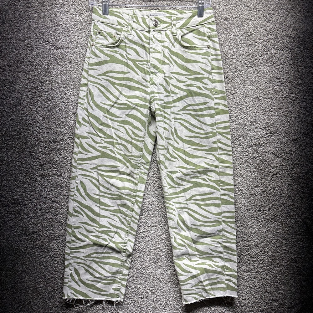 Bershka Denim Jeans Women's 27x26 Straight Cropped Raw Hem Tiger Stripe‎ Green